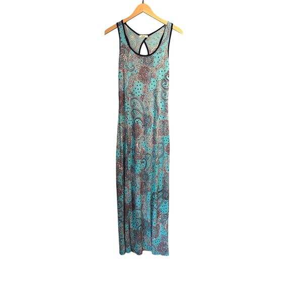 Boho Size Small Turquoise Maxi Dress  Print Keyhole Back Knit Comfy Chic Soft - Picture 1 of 5